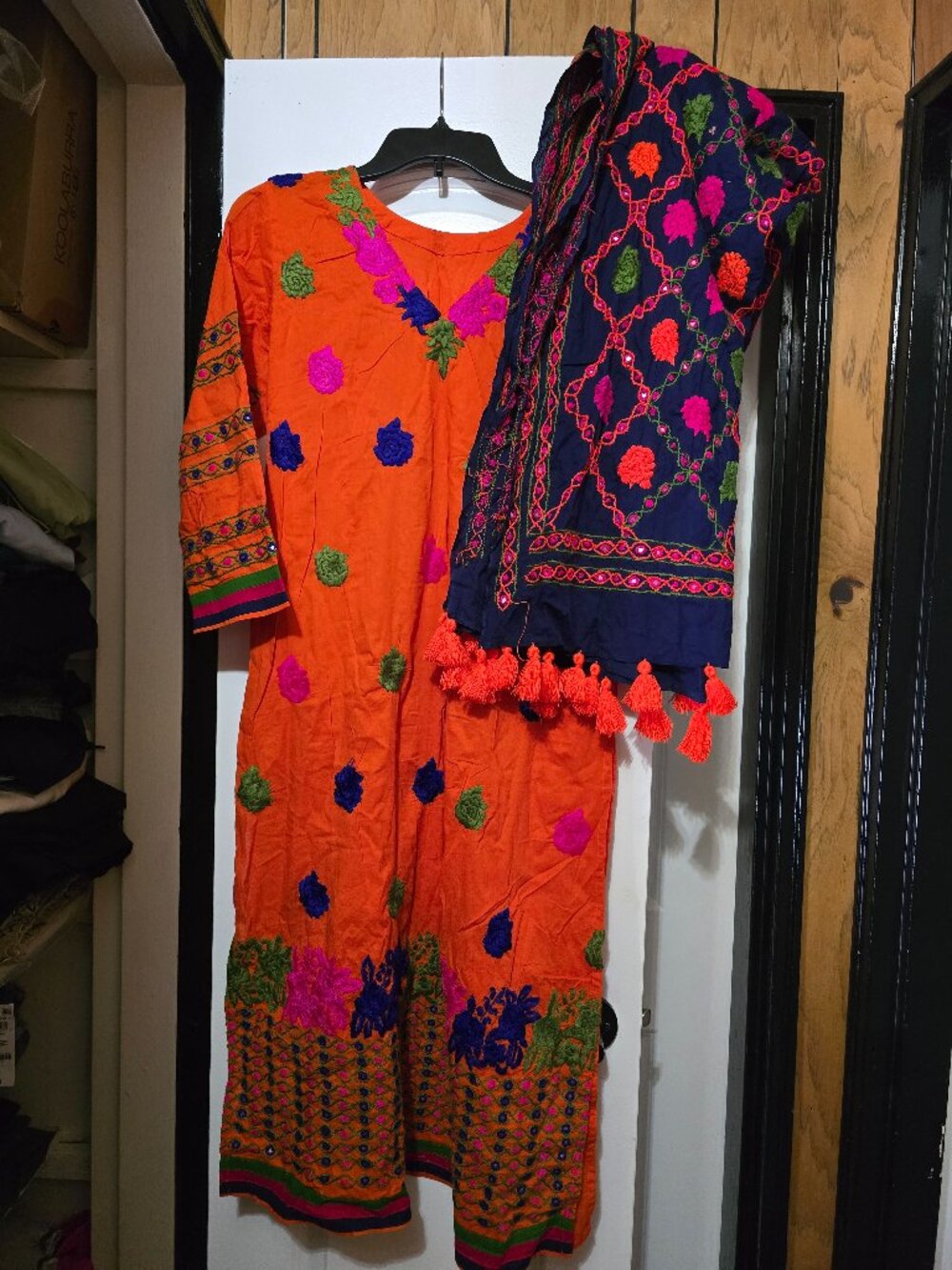 Women's Traditional Orange Embroidered Kameez W Navy Blue Salwar & Dupatta Large